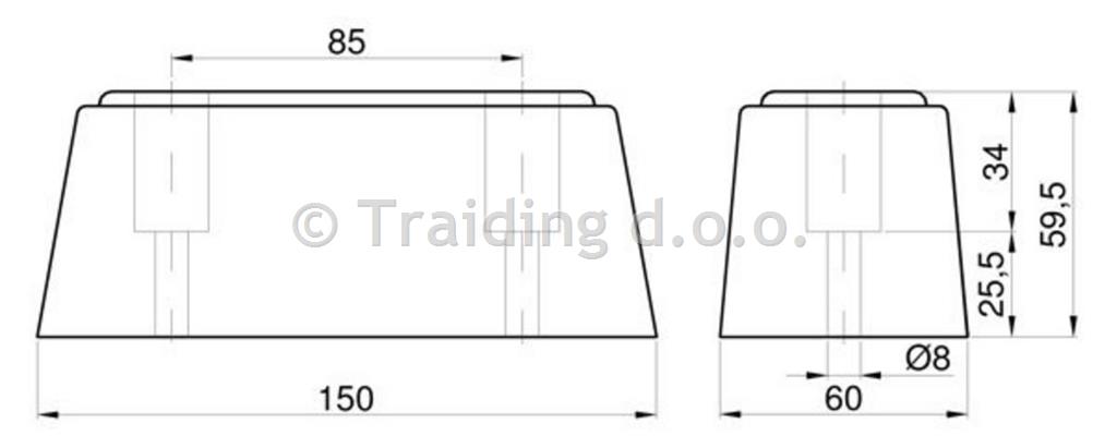 ODBOJNIK GUMI 150X60X60 DVE LUKNJI