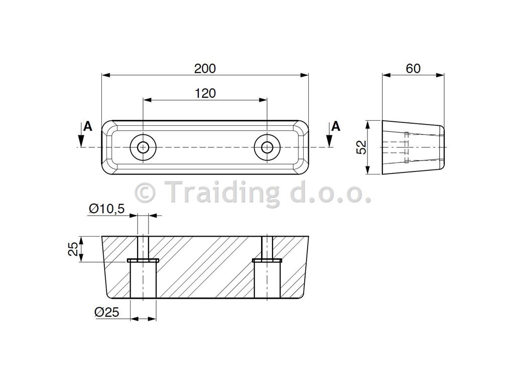 ODBOJNIK GUMI 2 LUKNJI 200x52x60mm